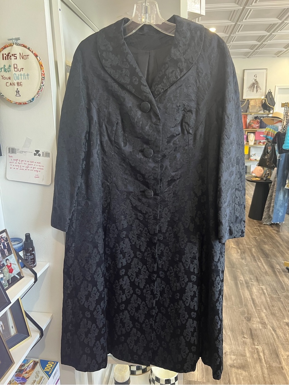 Vintage Malcolm Starr Elegant Black Jacquard hand stitched floral Long Coat